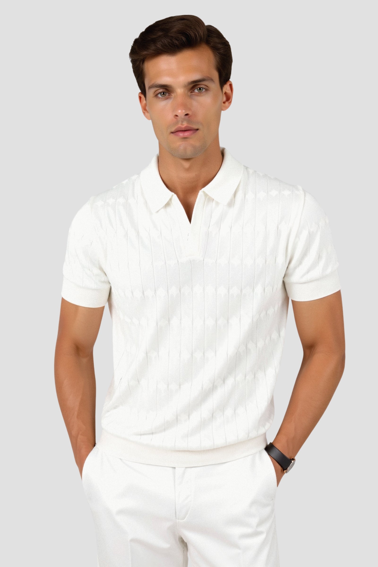 PREMIUM V-NECK CABLE KNIT POLO